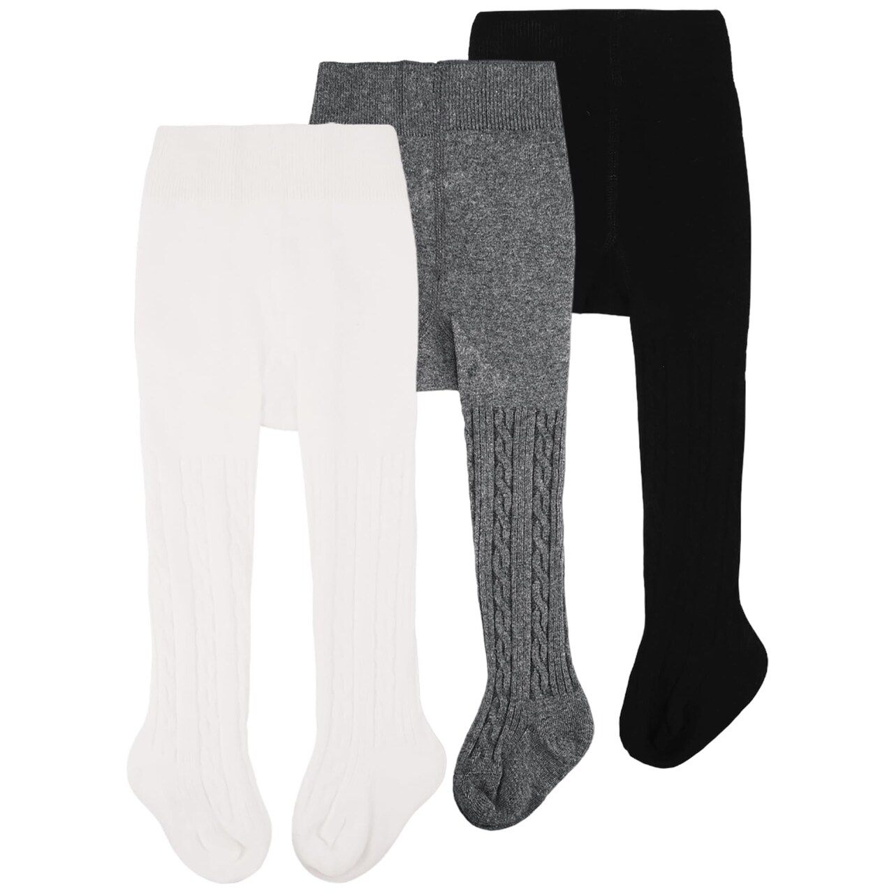 CozyWay Cable Knit Cotton Leggings/Tights for Toddler Girls, 3 Pack, White/Black/Dark Gray, 1-2 Years Old